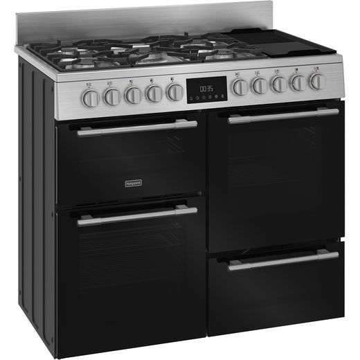 Hotpoint RH100FA21BX 100cm wide Dual Fuel Range Cooker with Gas Hob - Stainless Steel / Black - right perspective shot