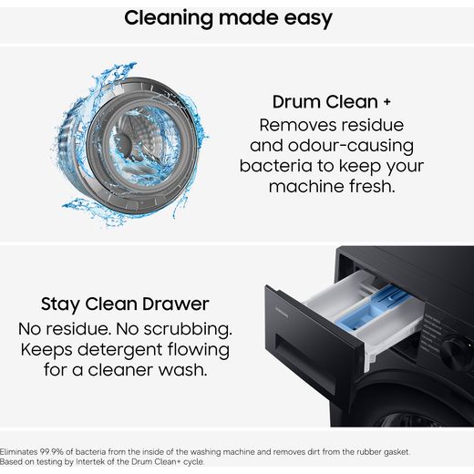 Samsung Series 5 AI Energy WW10FG5U34ABEU 10kg WiFi Connected Washing Machine with 1400 rpm - Black - Annotation - Cleaning made easy