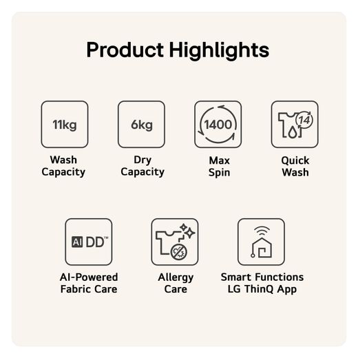 LG Series 7 AI Direct Drive™ W4X7016TWB Wifi Connected 11Kg / 6Kg Washer Dryer with 1400 rpm - White - Annotation - Product highlights