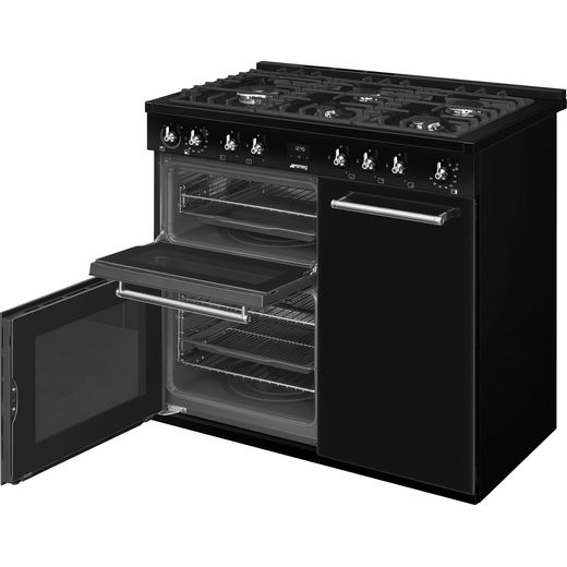 Smeg Concert 100cm Dual Fuel Range Cooker - Black - Elft perspective with door open shot 