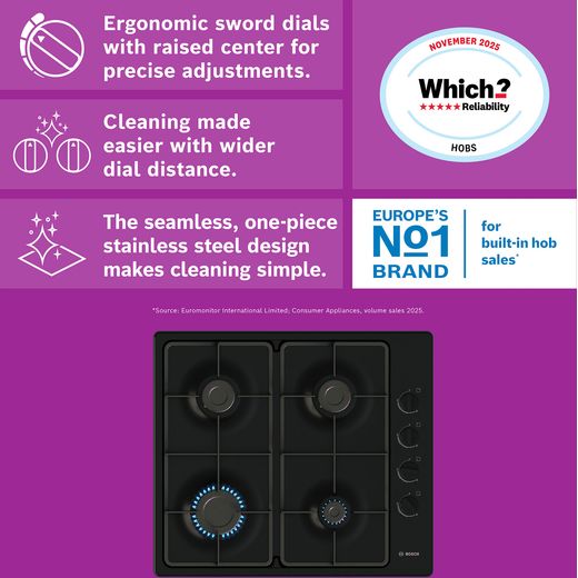 Bosch Series 2 PBP6B6K60 58cm Gas Hob - Black - Annotation - feature shot