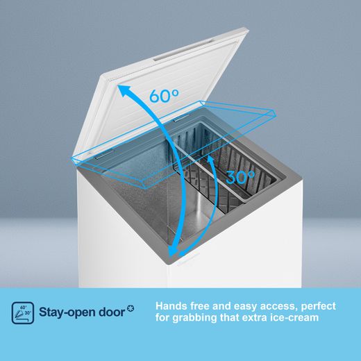 Fridgemaster Chest Freezer - White - Annotation - stay open shot 