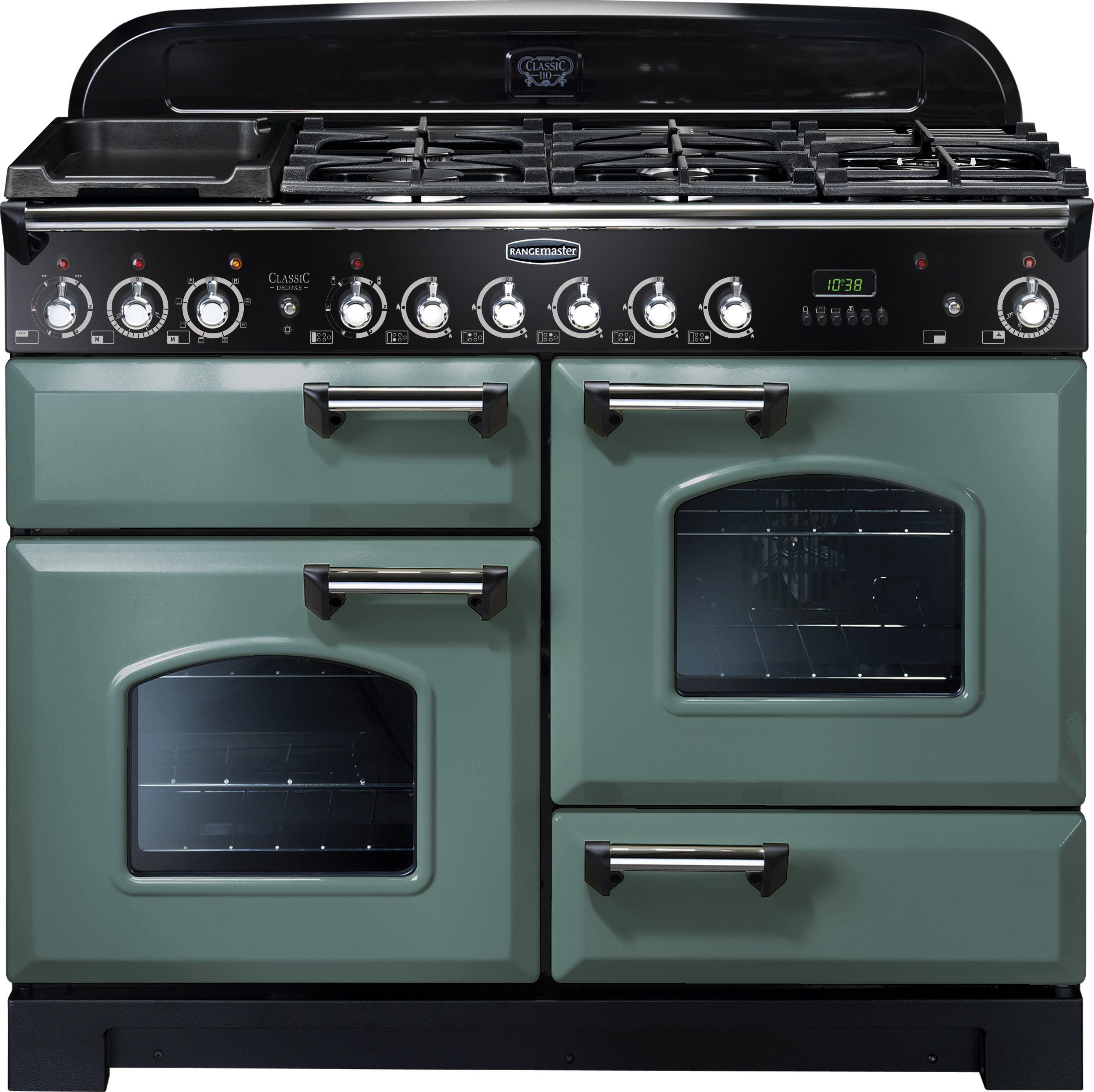 Rangemaster Classic Deluxe CDL110DFFMG/C 110cm Dual Fuel Range Cooker - Mineral Green / Chrome - A/A Rated, Green