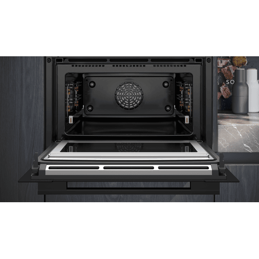 Siemens IQ-700 Built In Electric Double Oven - Black - Oven door open in kitchen