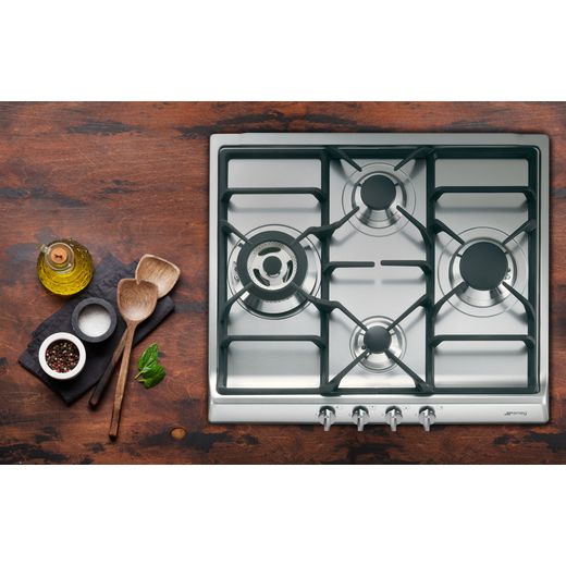 Smeg Cucina SR60GHS 60cm Gas Hob - Stainless Steel - Top view of hob sat in wooden worktop