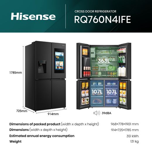 Hisense Pureflat Eclipse American Fridge Freezer - Black - Dimensions
