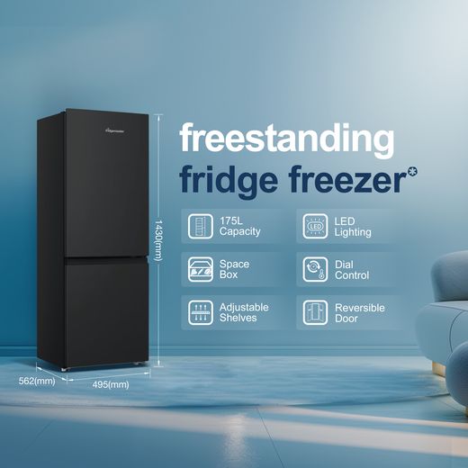 Fridgemaster MC50165EB 143cm 60/40 Small Fridge Freezer - Black - Annotation - feature shot