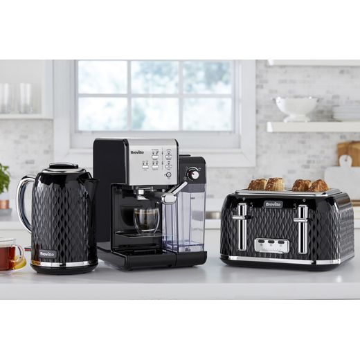 Breville One-Touch Espresso Coffee Machine - Black / Chrome - Coffee machine with kettle and toaster in kitchen shot