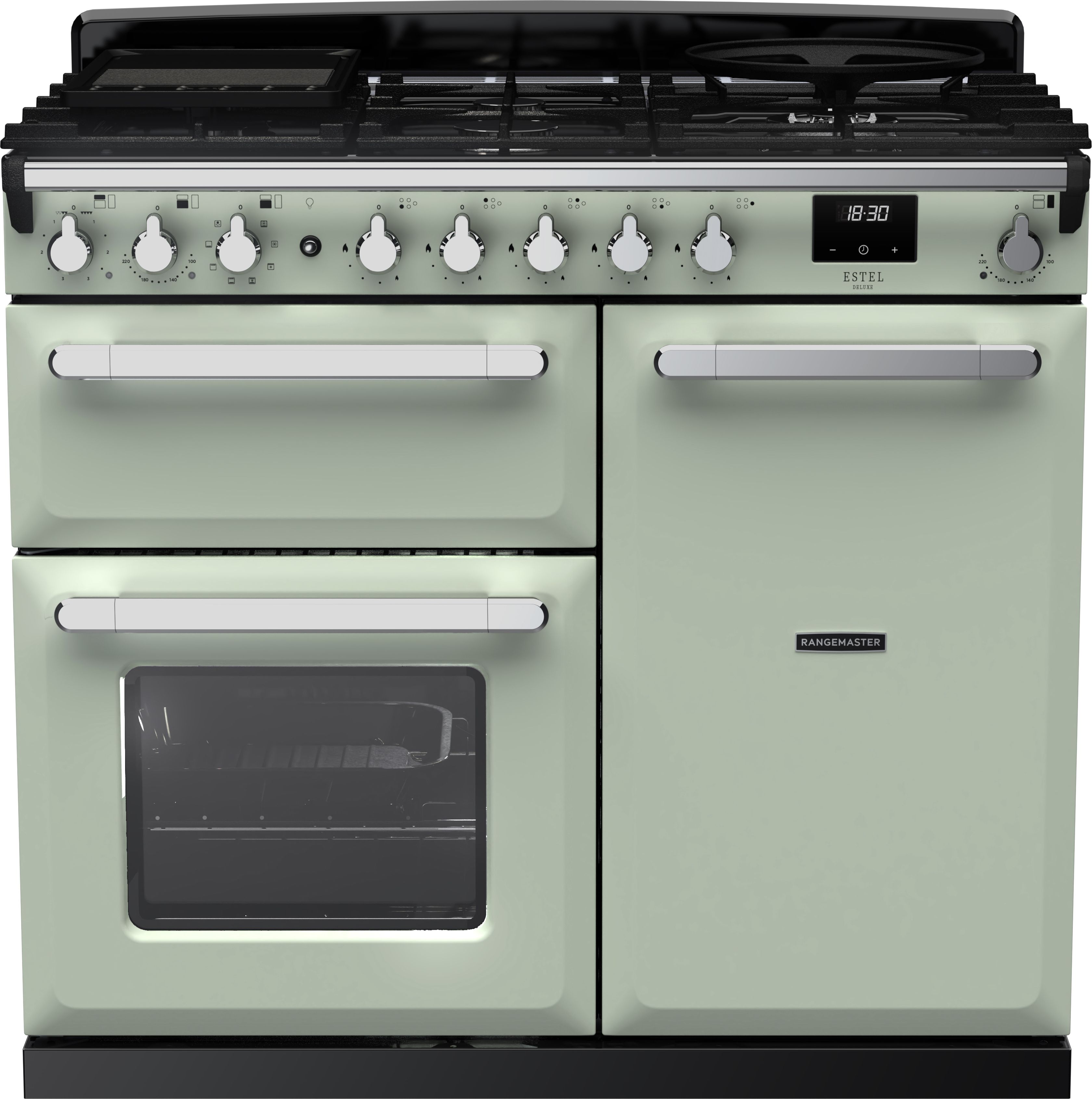 Image of Rangemaster Estel Deluxe ESDL100DFPMNT/CM1 100cm wide Dual Fuel Range Cooker with Gas Hob - Mint / Chrome - A/A Rated, Green