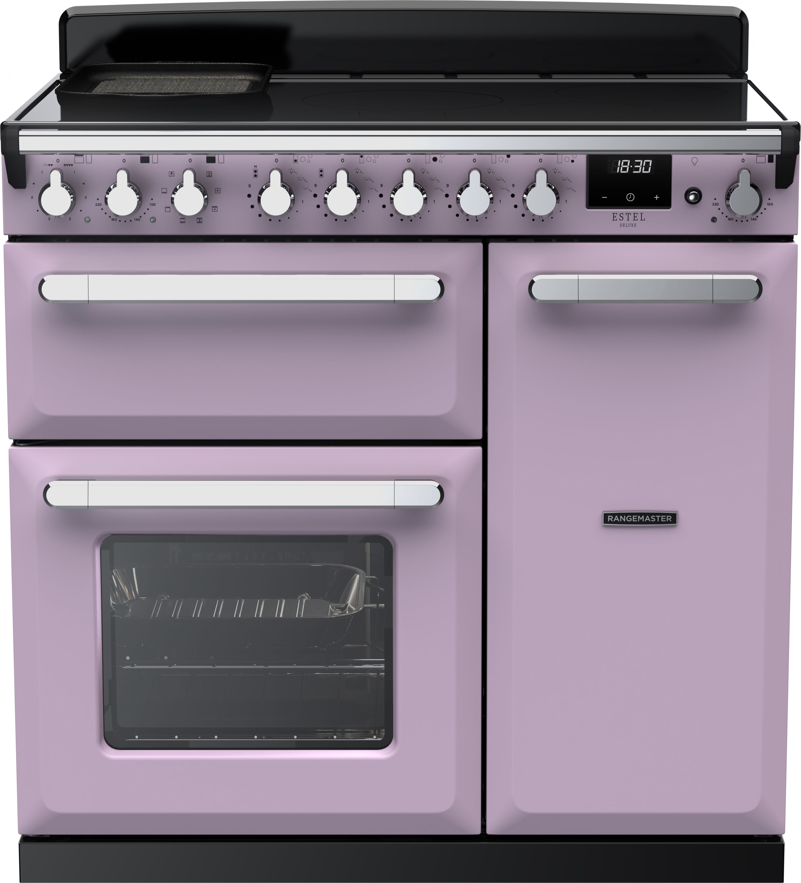 Image of Rangemaster Estel Deluxe ESDL90EIPHTH/CM1 90cm wide Electric Range Cooker with Induction Hob - Heather / Chrome - A/A Rated, Purple
