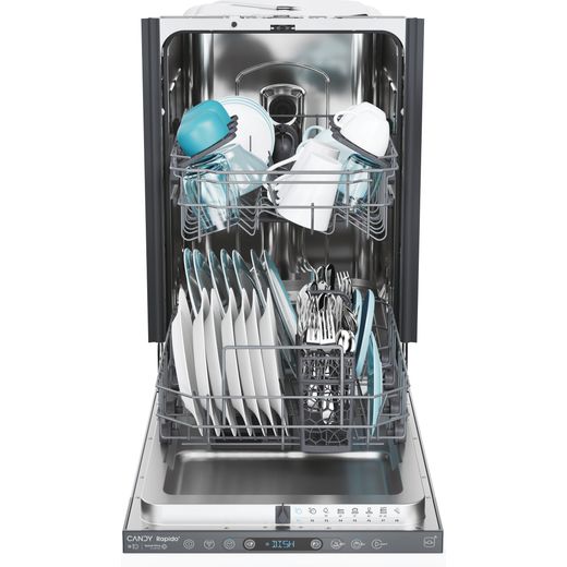 Candy Integrated Slimline Dishwasher - Black Control Panel - Door open racks out