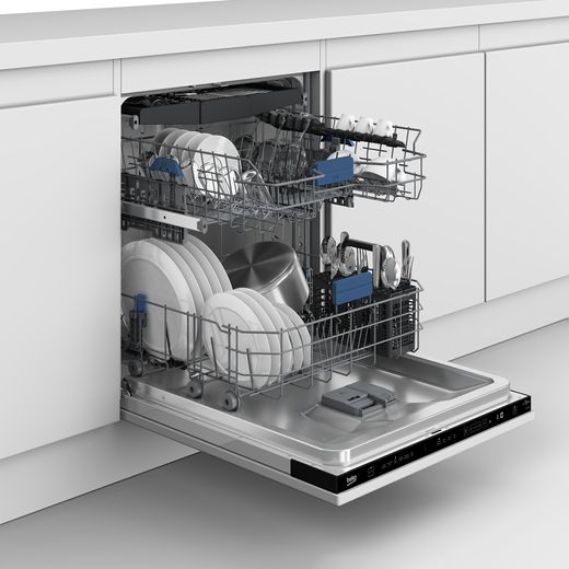 Beko Integrated Standard Dishwasher - Black - Right perspective door open in kitchen shot