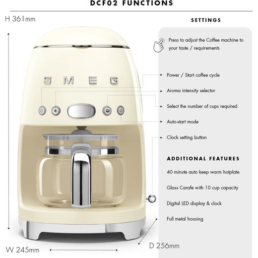 Smeg 50's Retro Filter Coffee Machine with Timer - Cream - Annotation - Functions and features