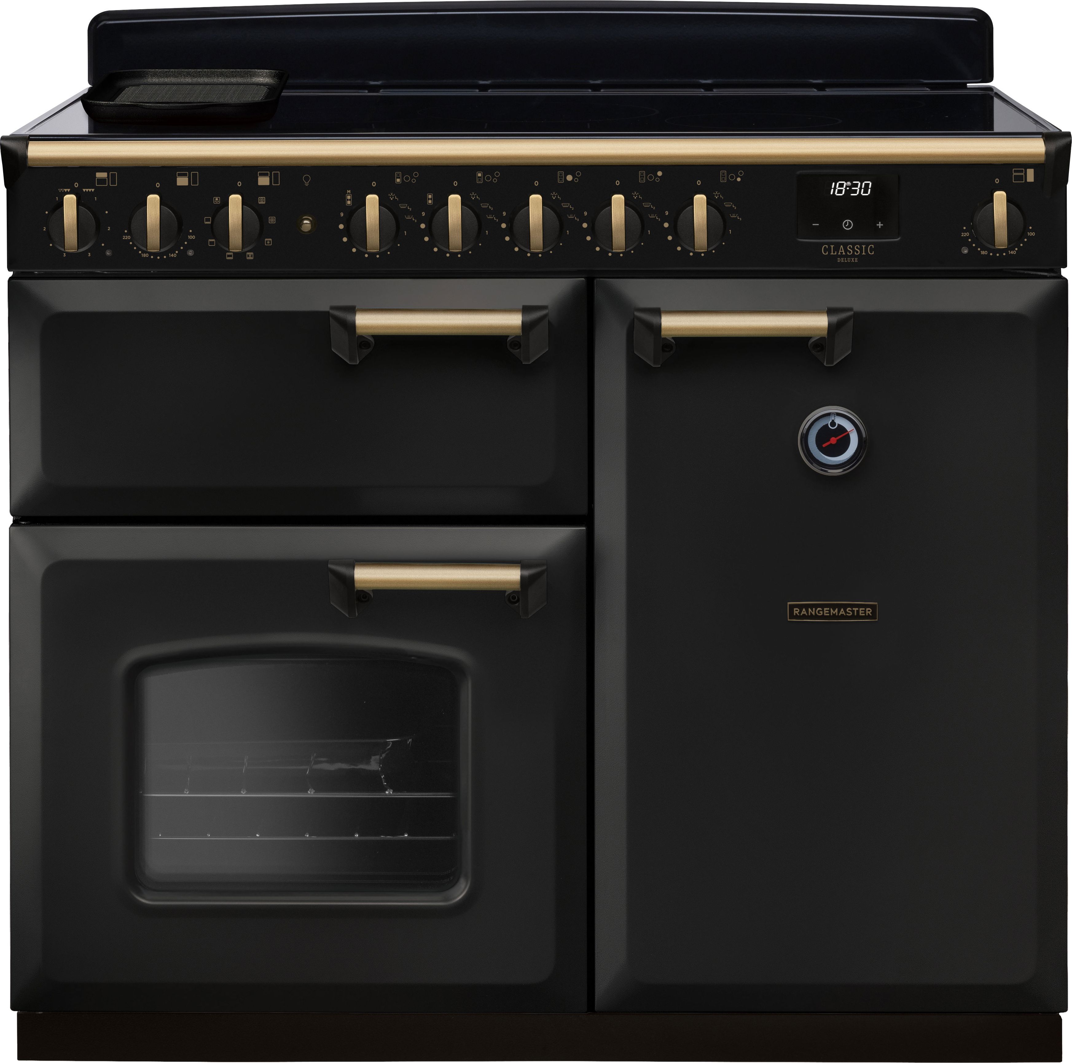 Image of Rangemaster Classic Deluxe CLDL100EIPCBL/AB1 100cm wide Electric Range Cooker with Induction Hob - Charcoal Black / Antique Brass - A/A Rated, Black