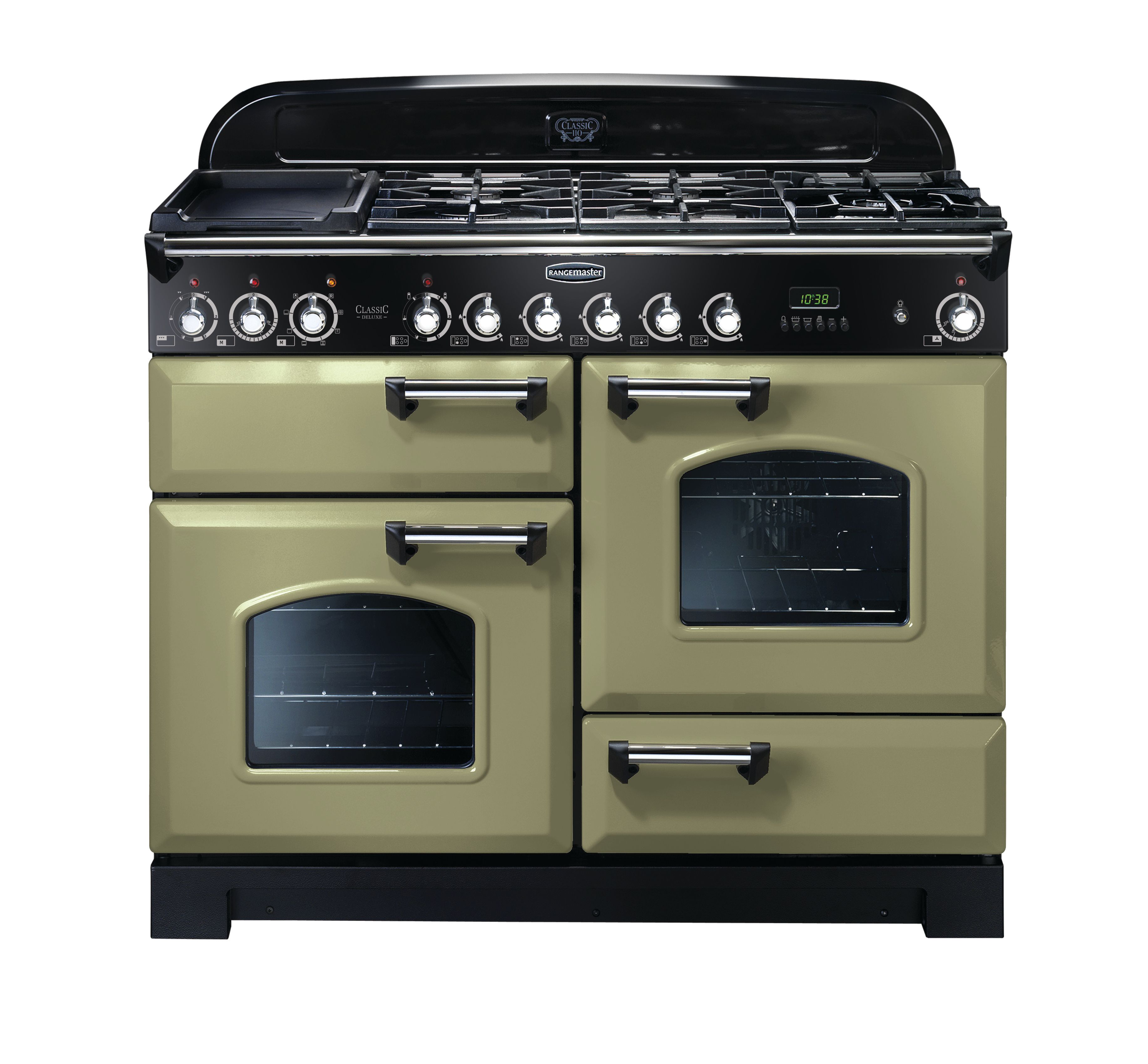 Rangemaster Classic Deluxe CDL110DFFOG/C 110cm Dual Fuel Range Cooker - Olive Green / Chrome - A/A Rated, Green