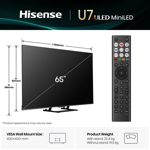 Hisense U7Q 65" 4K Ultra HD Smart TV - Dimensions
