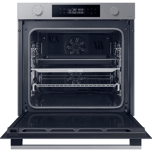 Samsung Series 4 Dual Cook Electric Single Oven - Stainless Steel -  Front shot door open with trays and racks