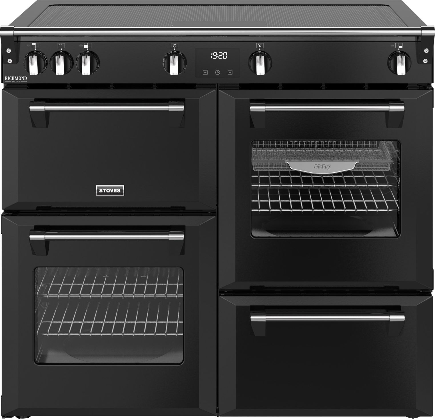Stoves Black 100cm Electric Range Cooker - 6 Zone Induction Hob - 4 Ovens - Equiflow™ - Steam & Infuse™