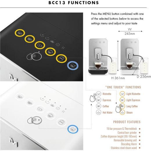 Smeg 50's Style BCC13BLMUK Bean to Cup Coffee Machine - Matte Black - Annotation - Functions and features