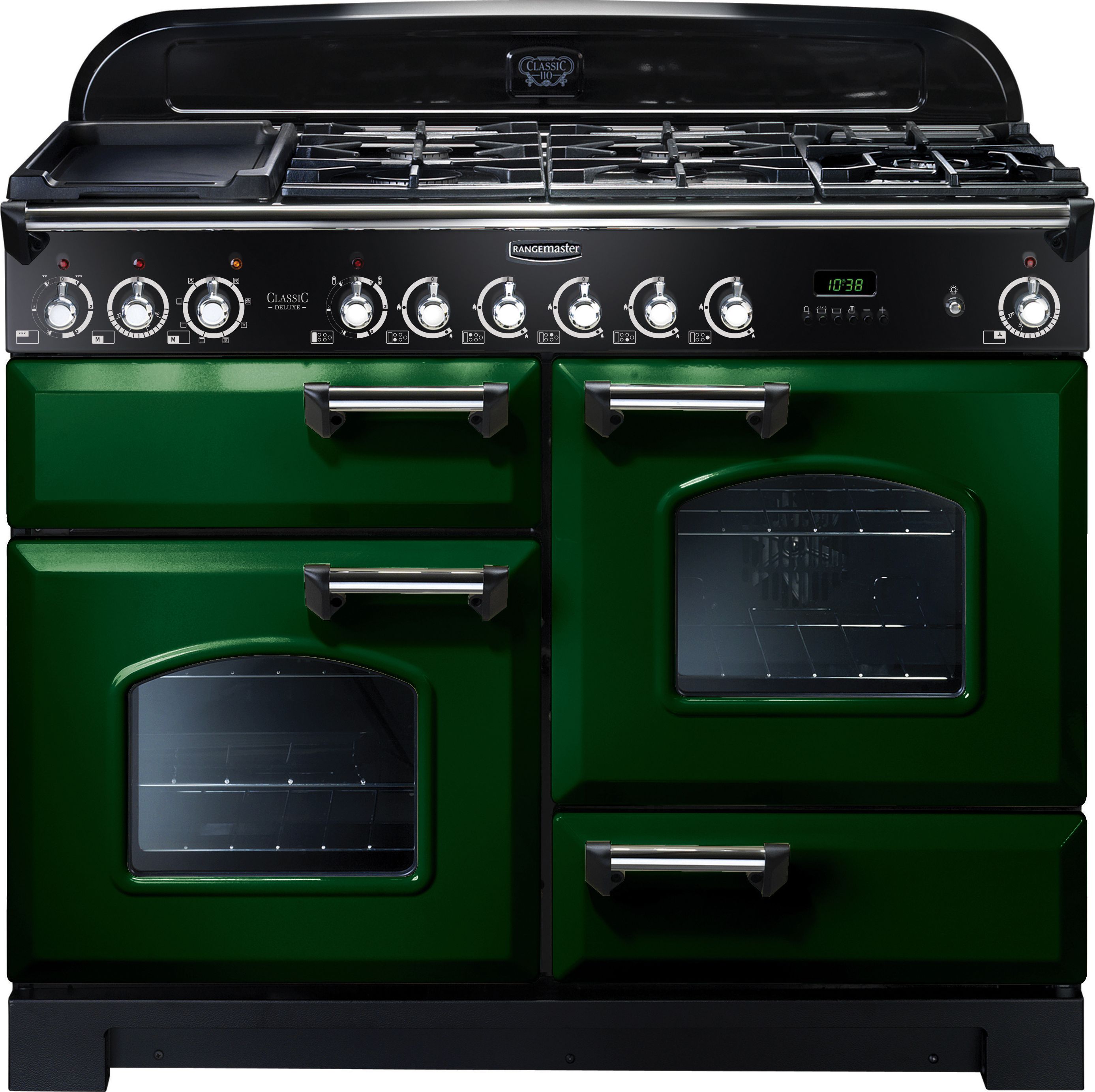 Rangemaster Classic Deluxe CDL110DFFRG/C 110cm Dual Fuel Range Cooker - Racing Green / Chrome - A/A Rated, Green
