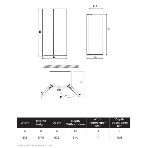Midea Frost Free Fridge Freezer - Stainless Steel - Dimensions