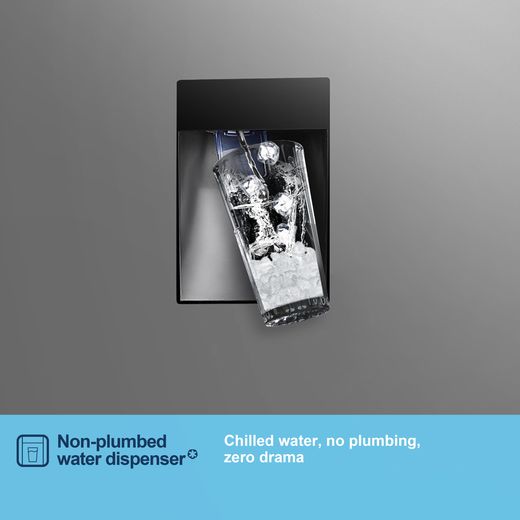Fridgemaster MC55251DES 182cm 50/50 No Frost Fridge Freezer - Silver - Annotation - Water dispenser shot