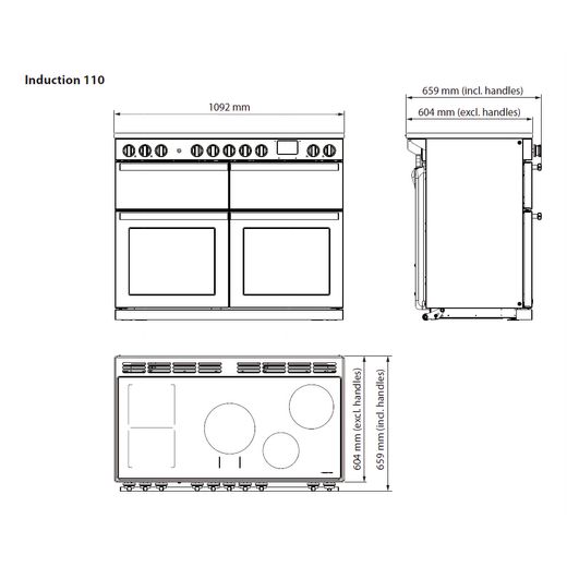Rangemaster Estel Deluxe Electric Range Cooker with Zone induction hob Hob - Pale Pink / Antique Brass - Dimensions