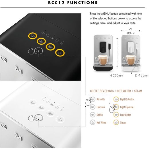 Smeg BCC12WHMUK Coffee Machines Matte White - Annotation - Functions and features
