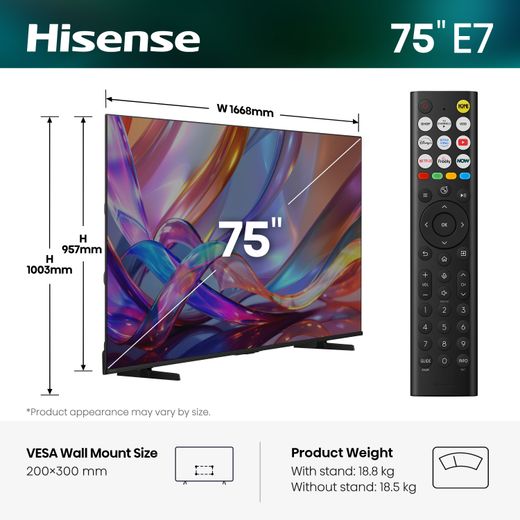 Hisense 75" 4K Ultra HD DLED Smart Freely TV [2026] - Dimensions
