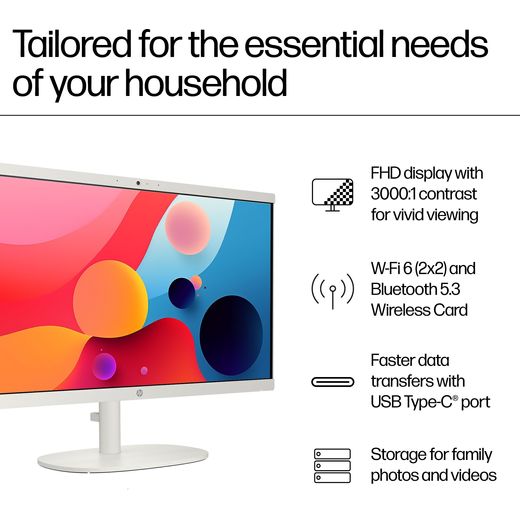 HP 22 -dg0007na 21.45" All in One - Intel Celeron, 128GB UFS - White - Annotation - Essential household needs shot