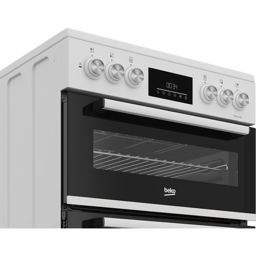 Beko Freestanding Dual Fuel Cooker - White  - Close up control panel shot 