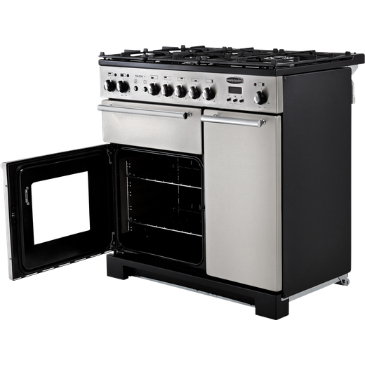 Rangemaster Toledo + 90cm Dual Fuel Range Cooker - Stainless Steel / Chrome - Bottom left door open
