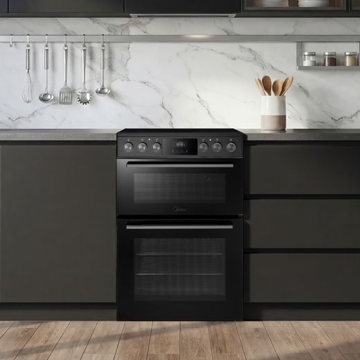 Midea MFO24EME4R118-BK 60cm Wide Double Oven Electric Cooker with Ceramic Hob - Black - cooker in kitchen shot