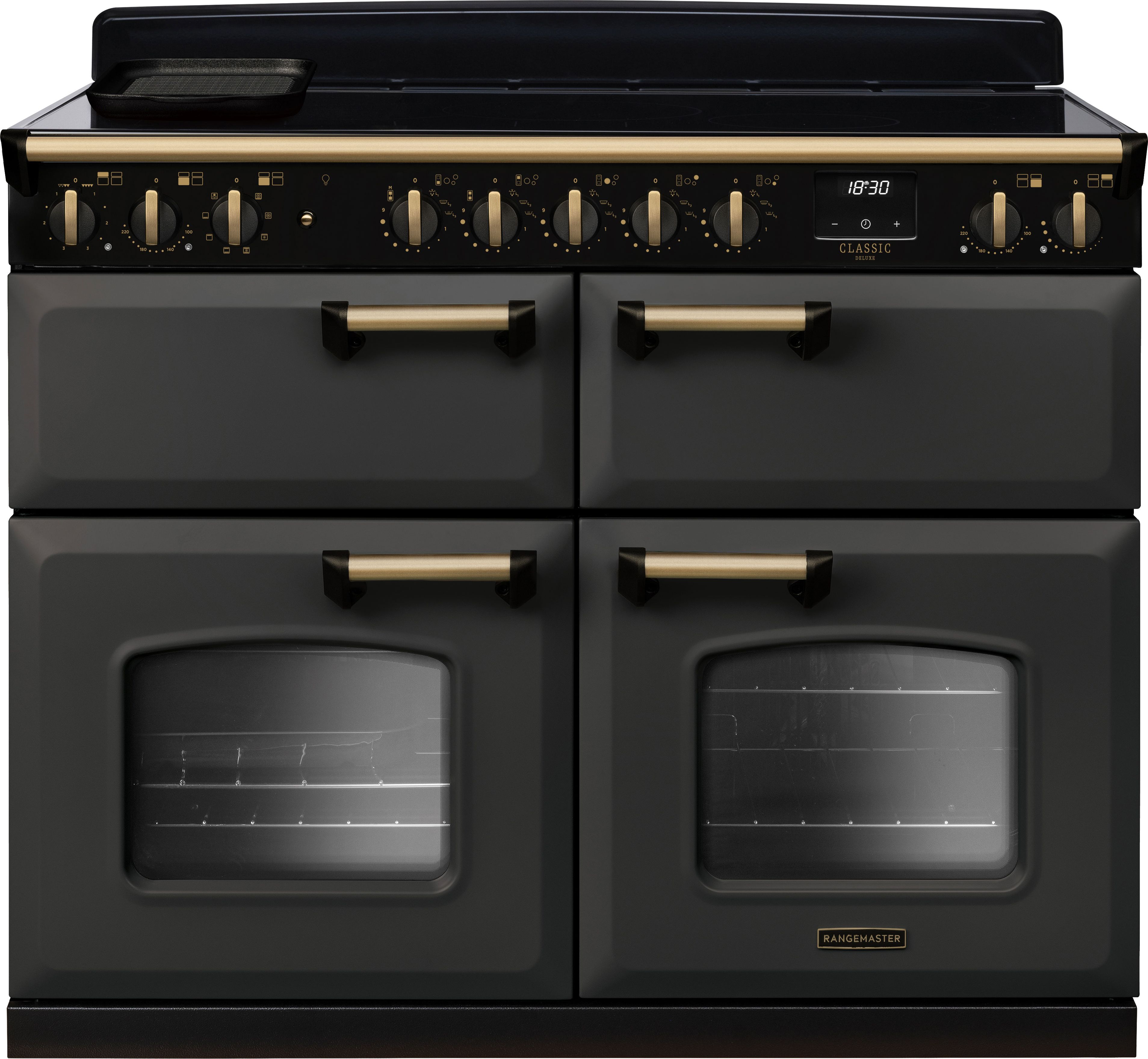Image of Rangemaster Classic Deluxe BC CLDLB110EIPSLT/AB1 110cm wide Electric Range Cooker with Induction Hob - Slate / Antique Brass - A/A Rated, Grey