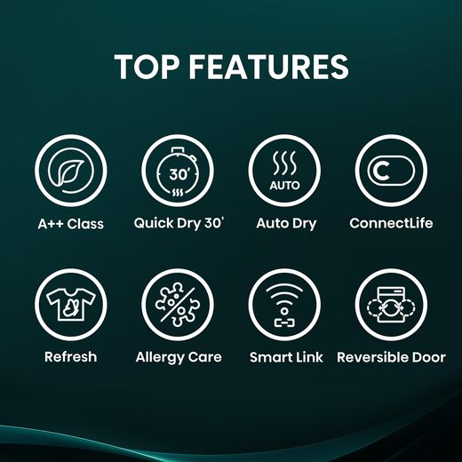 Hisense 3S Series DH3S902BWCC Wifi Connected 9Kg Heat Pump Tumble Dryer - White - Annotation - Features