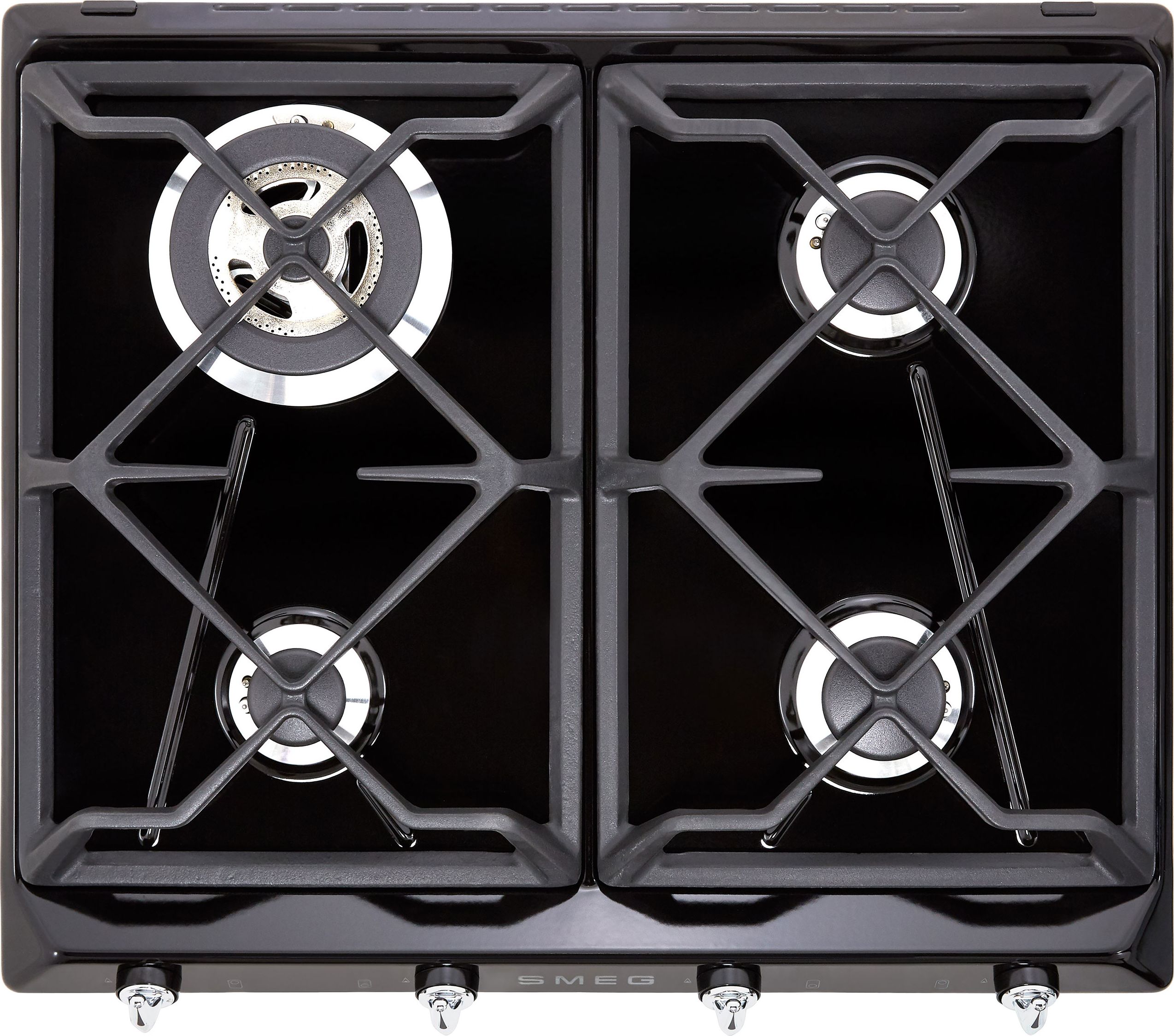 Smeg 60cm Gas Hob - Black - 4 Zone - Cast Iron Pan Supports