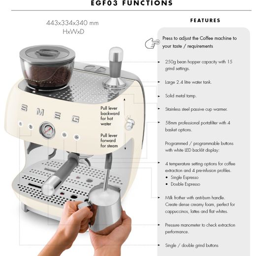 Smeg 50's Style Espresso Coffee Machine - Cream - Annotation - Functions and features