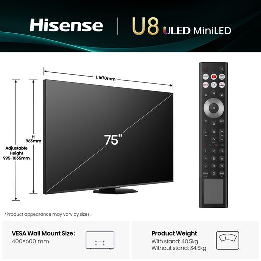 Hisense U8Q 75" 4K Ultra HD ULED Smart TV - Dimensions
