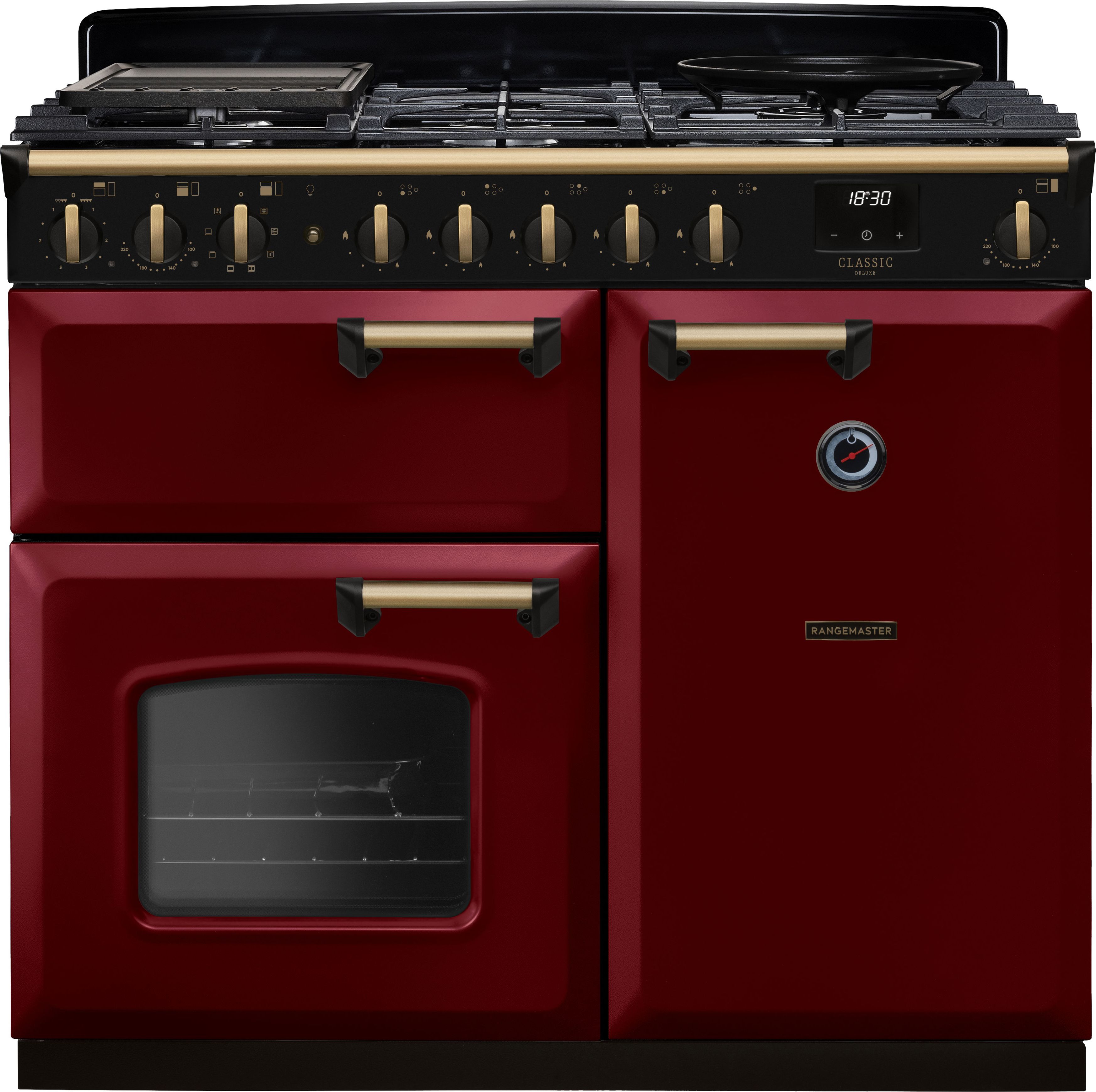 Image of Rangemaster Classic Deluxe 100 Dual Fuel CLDL100DFPBOR/AB1 100cm wide Dual Fuel Range Cooker with Gas Hob - Bordeaux / Antique Brass - A Rated, Red