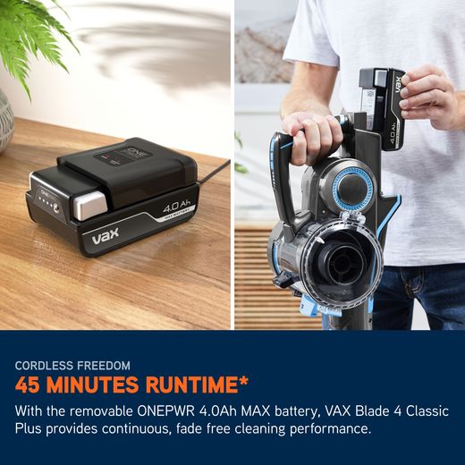 Vax ONEPWR Blade 4 Classic Plus Cordless Vacuum Cleaner with up to 45 Minutes Run Time - Blue / Graphite - Annotation - Runtime shot