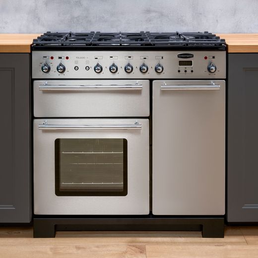 Rangemaster Toledo + 90cm Dual Fuel Range Cooker - Stainless Steel / Chrome - Range cooker in kitchen shot
