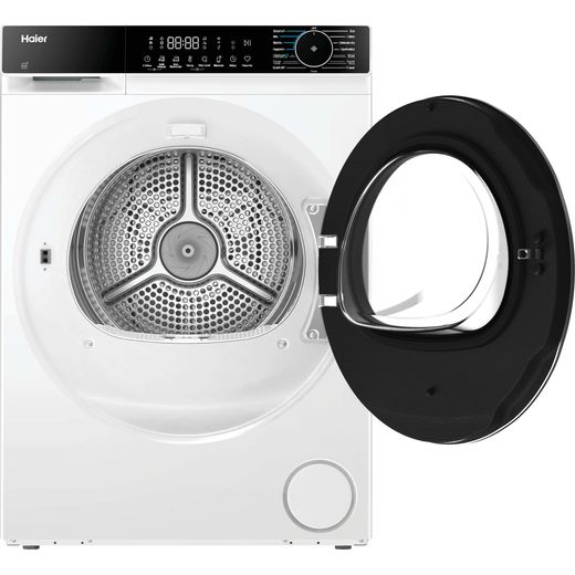 Haier X Series 5 HD90-D357U1-UK Wifi Connected 9Kg Heat Pump Tumble Dryer - White - Front with door open shot