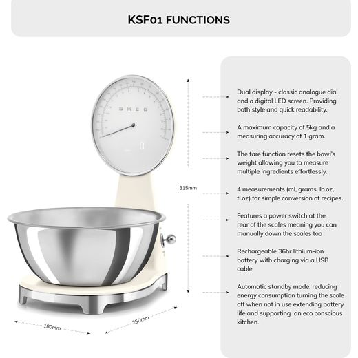 Smeg KSF01CRWW Kitchen Scales Cream - Annotation - Functions and features