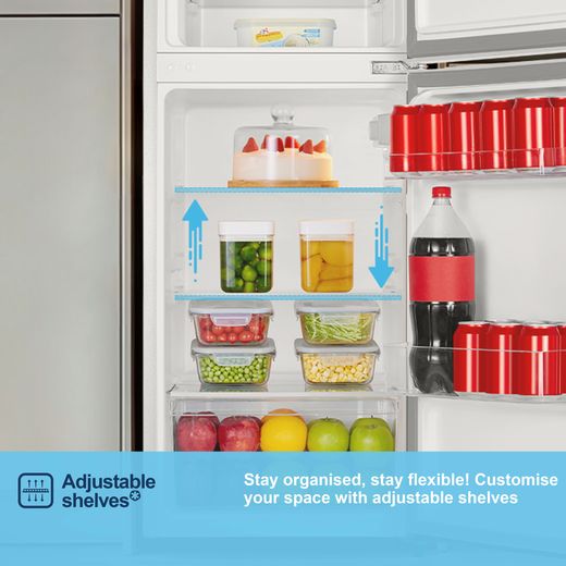 Fridgemaster MTM48120E 117cm 80/20 Small Fridge Freezer - White - Annotation - Adjustable shelves shot