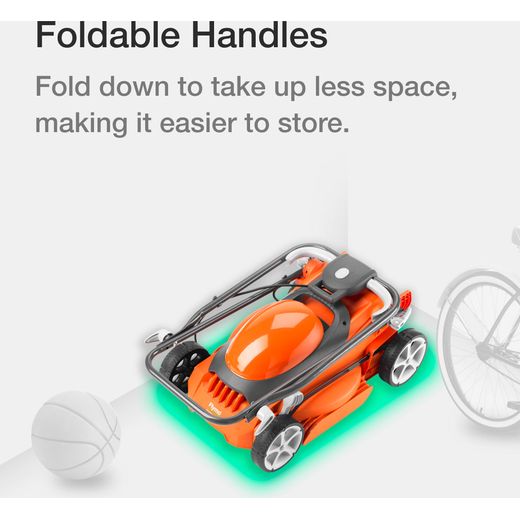 Flymo EasiStore 340R Corded Lawn Mower - Black / Orange - annotation - foldable handle shot