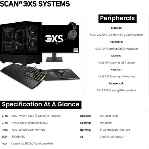 3XS Core 3XS-169060 Tower - NVIDIA® GeForce RTX™ 5060, AMD Ryzen™ 5, 500GB SSD - Black - Annotation - sepc shot