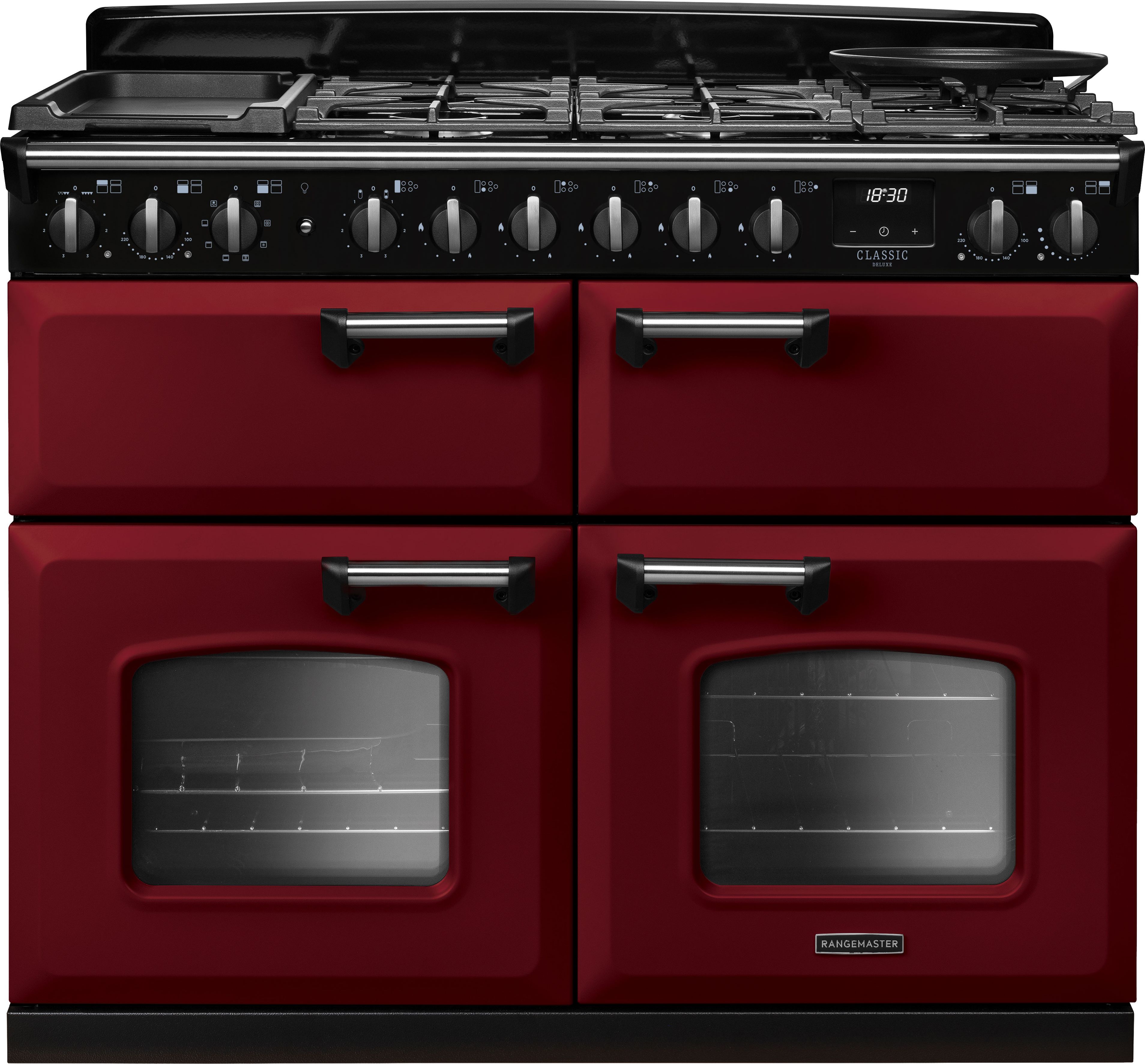 Image of Rangemaster Classic Deluxe CLDLB110DFPBOR/CM1 110cm wide Dual Fuel Range Cooker with Gas Hob - Bordeaux / Chrome - A Rated, Red