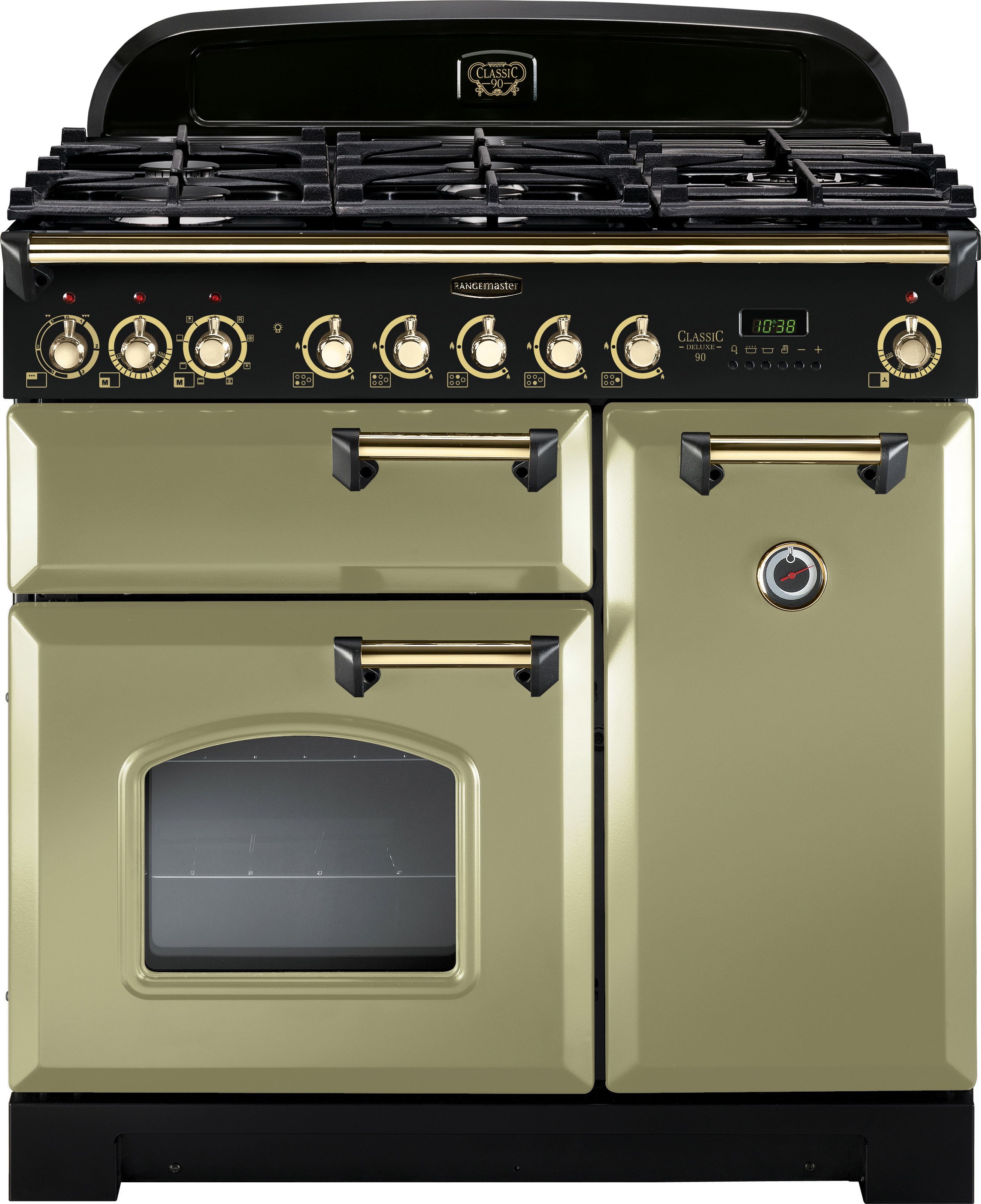 Rangemaster Classic Deluxe CDL90DFFOG/B 90cm Dual Fuel Range Cooker - Olive Green / Brass - A/A Rated, Green