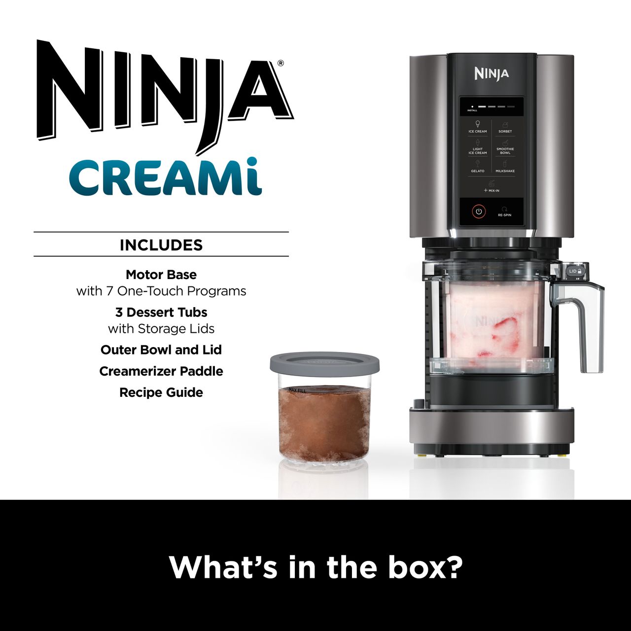 Ninja CREAMi IJs- & Bevroren Dessertmachine met 3 Bakjes, 7 Programma's, Maakt Roomijs, Gelato, Sorbet, Smoothiebowls, Milkshakes en Meer, Maakt 1,4L IJs, 800W, Zwart/Zilver, NC300EU