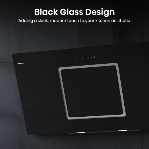 Hisense CH10IN14BBUK 100cm Angled Chimney Cooker Hood - Jet Black - Annotation - Black glass design